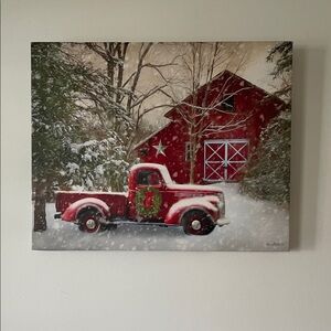 Red Truck and Barn Winter Canvas Art